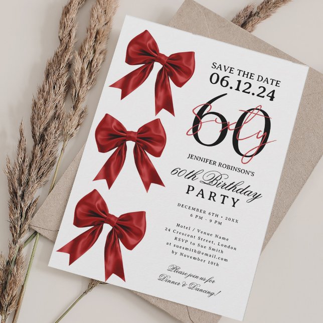 Red Coquette Bow Save Date 60th Birthday Party Invitation (Red Coquette Bow Save Date 60th Birthday Party Invitation)