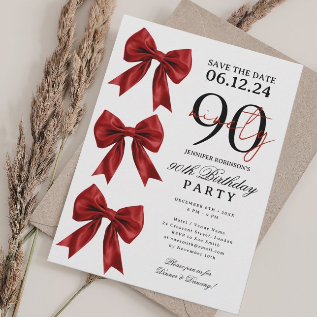 Red Coquette Bow Save Date 90th Birthday Party Invitation (Red Coquette Bow Save Date 90th Birthday Party Invitation)