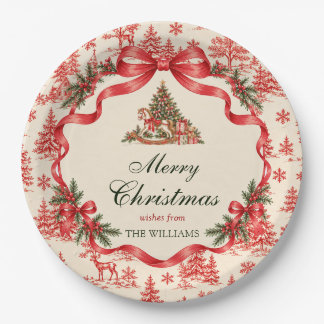 Red Coquette Bow Script Christmas Tree Party Paper Plate