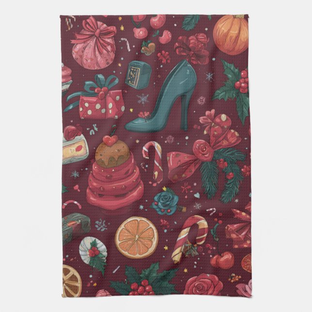 Red Coquette Christmas Glam Pattern Kitchen Towel (Vertical)