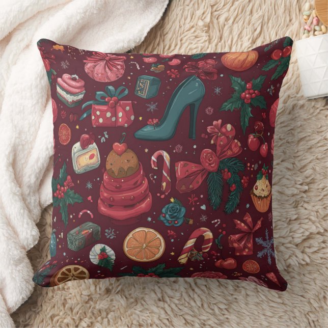 Red Coquette Christmas Glam Pattern Throw Pillow (Blanket)