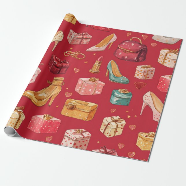 Red Coquette Christmas Glam Pattern Wrapping Paper (Unrolled)