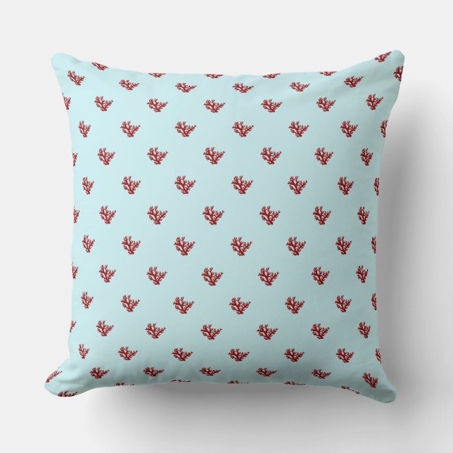 Red Coral Dots Light Blue Throw Pillow (Front)