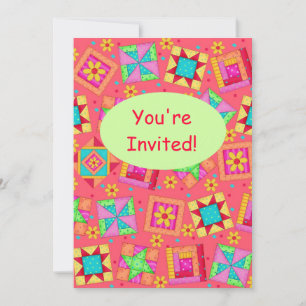 Red Coral Green Patchwork Quilt Block Art Invitation