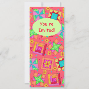 Red Coral Green Patchwork Quilt Block Art Invitation