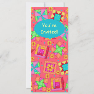 Red Coral Green Patchwork Quilt Block Art Invitation