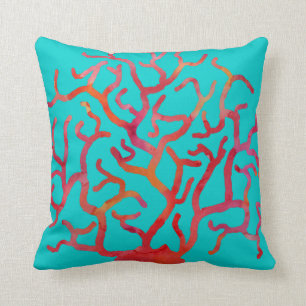 Red Coral on Turquoise Throw Pillow
