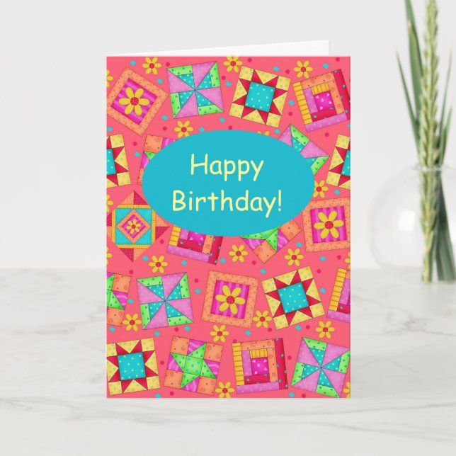 Red Coral Patchwork Quilt Block Art Happy Birthday Card (Front)