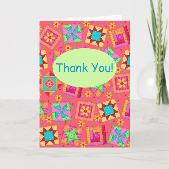 Red Coral Patchwork Quilt Block Art Thank You (Front)