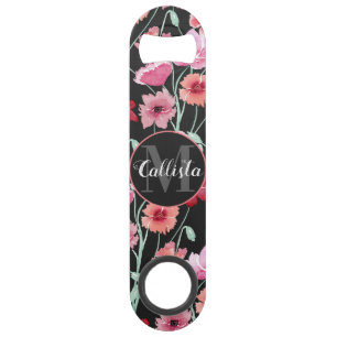 Red Coral Pink Black Watercolor Flowers Monogram Bar Key