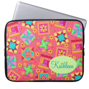 Red Coral Quilt Patchwork Block Art Custom Laptop Sleeve