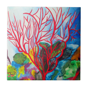Red Coral Reef ocean art Tile