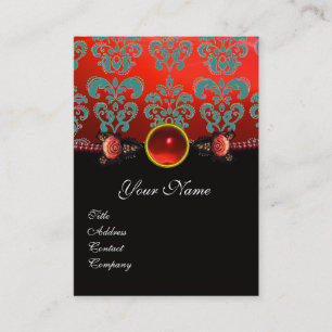 RED CORAL ROSES,AQUA BLUE BLACK DAMASK MONOGRAM BUSINESS CARD