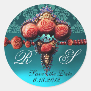 RED CORAL ROSES,AQUA BLUE BLACK DAMASK MONOGRAM CLASSIC ROUND STICKER
