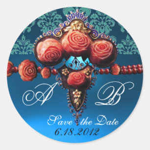 RED CORAL ROSES,AQUA BLUE BLACK DAMASK MONOGRAM CLASSIC ROUND STICKER