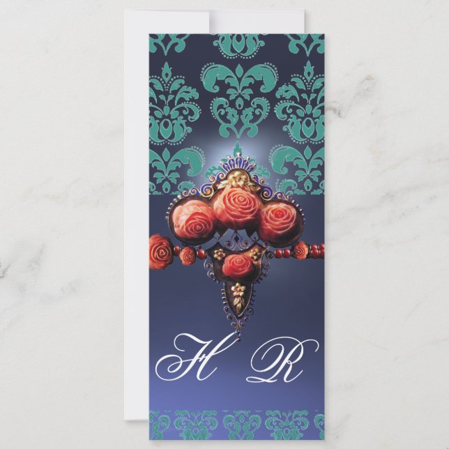 RED CORAL ROSES,AQUA BLUE BLACK DAMASK MONOGRAM INVITATION (Front)