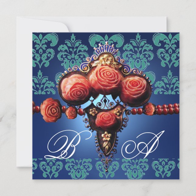 RED CORAL ROSES,AQUA BLUE BLACK DAMASK MONOGRAM INVITATION (Front)