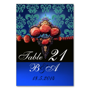 RED CORAL ROSES,AQUA BLUE BLACK DAMASK MONOGRAM TABLE NUMBER
