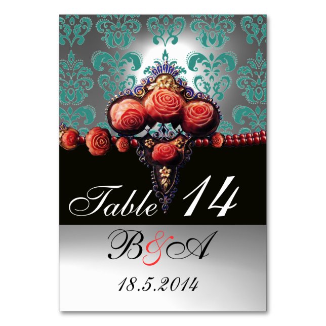 RED CORAL ROSES,BLACK BLUE WHITE DAMASK MONOGRAM TABLE NUMBER (Front)