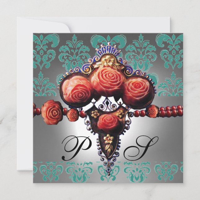RED CORAL ROSES,BLACK GREEN WHITE DAMASK MONOGRAM INVITATION (Front)