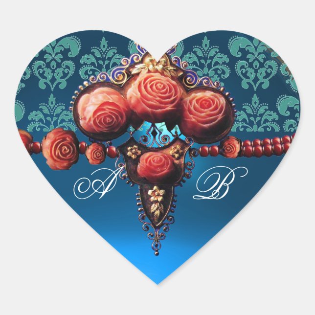 RED CORAL ROSES, BLUE BLACK DAMASK HEART MONOGRAM HEART STICKER (Front)
