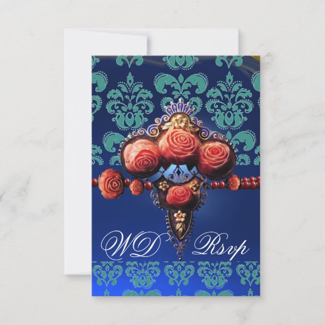 RED CORAL ROSES,BLUE BLACK DAMASK MONOGRAM RSVP CARD (Front)