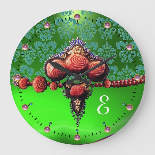 RED CORAL ROSES,BLUE EMERALD GREEN DAMASK MONOGRAM LARGE CLOCK (Front)