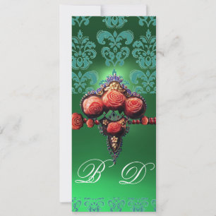 RED CORAL ROSES,BLUE GREEN BLACK DAMASK MONOGRAM INVITATION