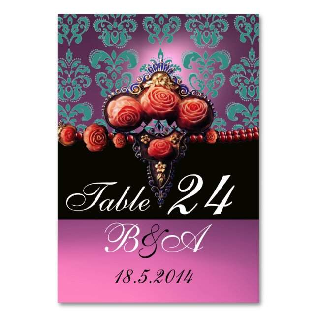 RED CORAL ROSES, BLUE PINK LILAC DAMASK MONOGRAM TABLE NUMBER (Back)