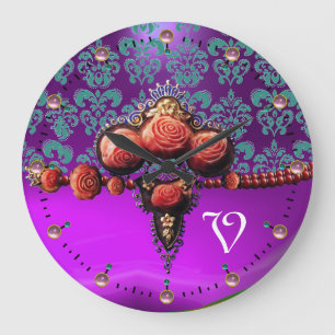 RED CORAL ROSES, BLUE PURPLE DAMASK MONOGRAM LARGE CLOCK