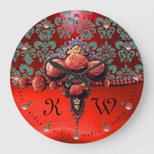 RED CORAL ROSES,BLUE RED RUBY DAMASK MONOGRAM LARGE CLOCK