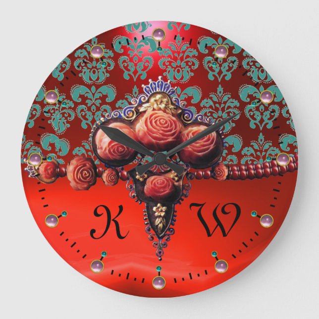 RED CORAL ROSES,BLUE RED RUBY DAMASK MONOGRAM LARGE CLOCK (Front)