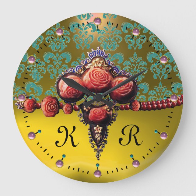 RED CORAL ROSES,BLUE YELLOW TOPAZ DAMASK MONOGRAM LARGE CLOCK (Front)