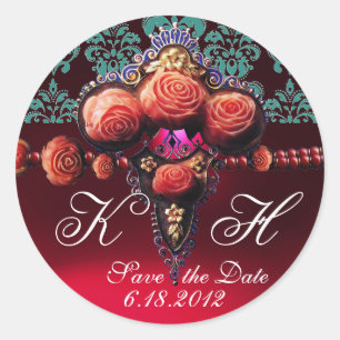 RED CORAL ROSES,BURGUNDY RUBY DAMASK MONOGRAM CLASSIC ROUND STICKER