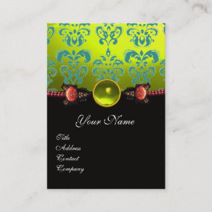 RED CORAL ROSES,GREEN YELLOW BLACK DAMASK MONOGRAM BUSINESS CARD