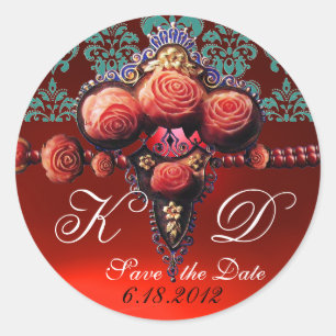 RED CORAL ROSES,RUBY DAMASK MONOGRAM CLASSIC ROUND STICKER