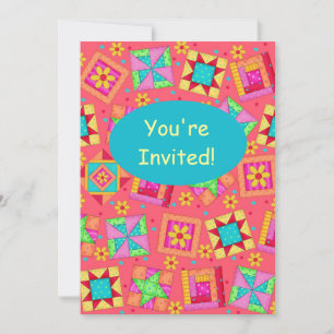 Red Coral Turquoise Patchwork Quilt Block Art Invitation