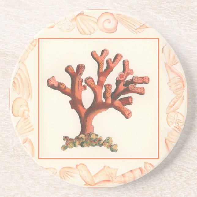 Red Coral with Conch Shell Border Coaster (Front)