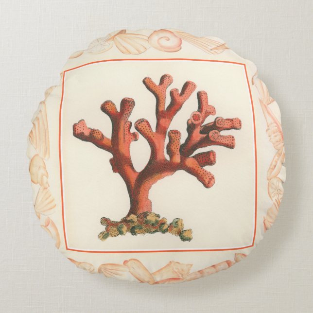 Red Coral with Conch Shell Border Round Pillow (Front)