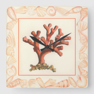 Red Coral with Conch Shell Border Square Wall Clock