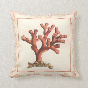 Red Coral with Conch Shell Border Throw Pillow