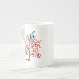 Red Coral with Tropical Fish, Angelfish Watercolor Bone China Mug