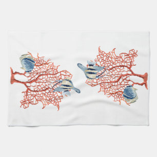 Red Coral with Tropical Fish, Angelfish Watercolor Kitchen Towel