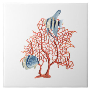 Red Coral with Tropical Fish, Angelfish Watercolor Tile
