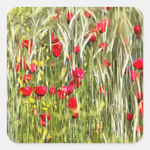 Red Corn Poppies Realistic Art Square Sticker