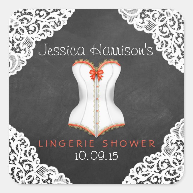 Red Corset White Lace Chalkboard Lingerie Shower Square Sticker (Front)