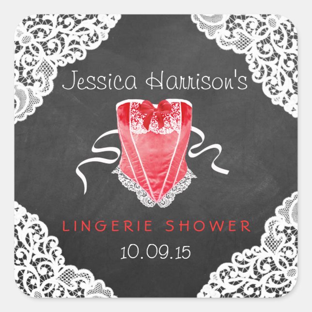 Red Corset White Lace Chalkboard Lingerie Shower Square Sticker (Front)