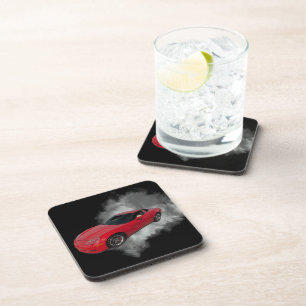 Red Corvette with Grey smoke removable background Coaster