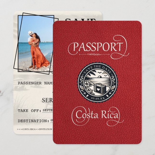 Red Costa Rica Passport Save The Date (Front/Back)