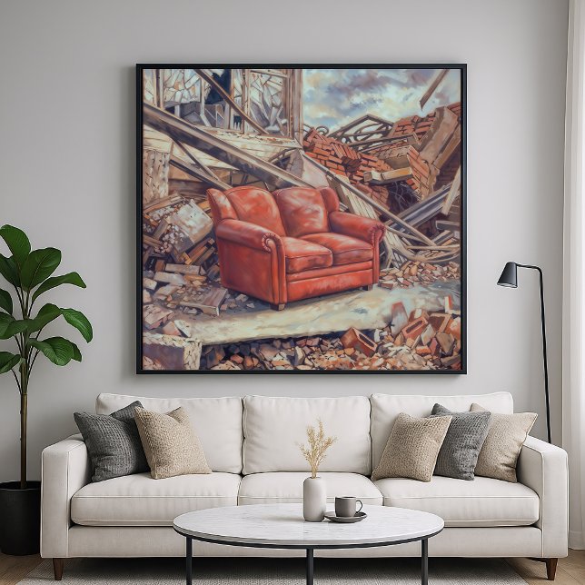 Red Couch In Rubble - Unexpected Beauty Art Poster (Creator Uploaded)